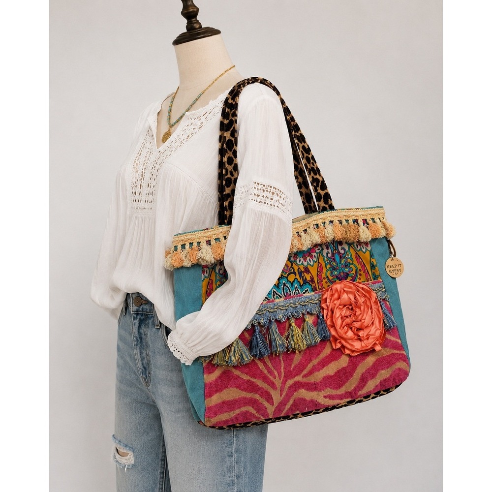 Keep It Gypsy Boho Tassel Tote Bag Leopard Paisley Zebra Floral Mixed Media